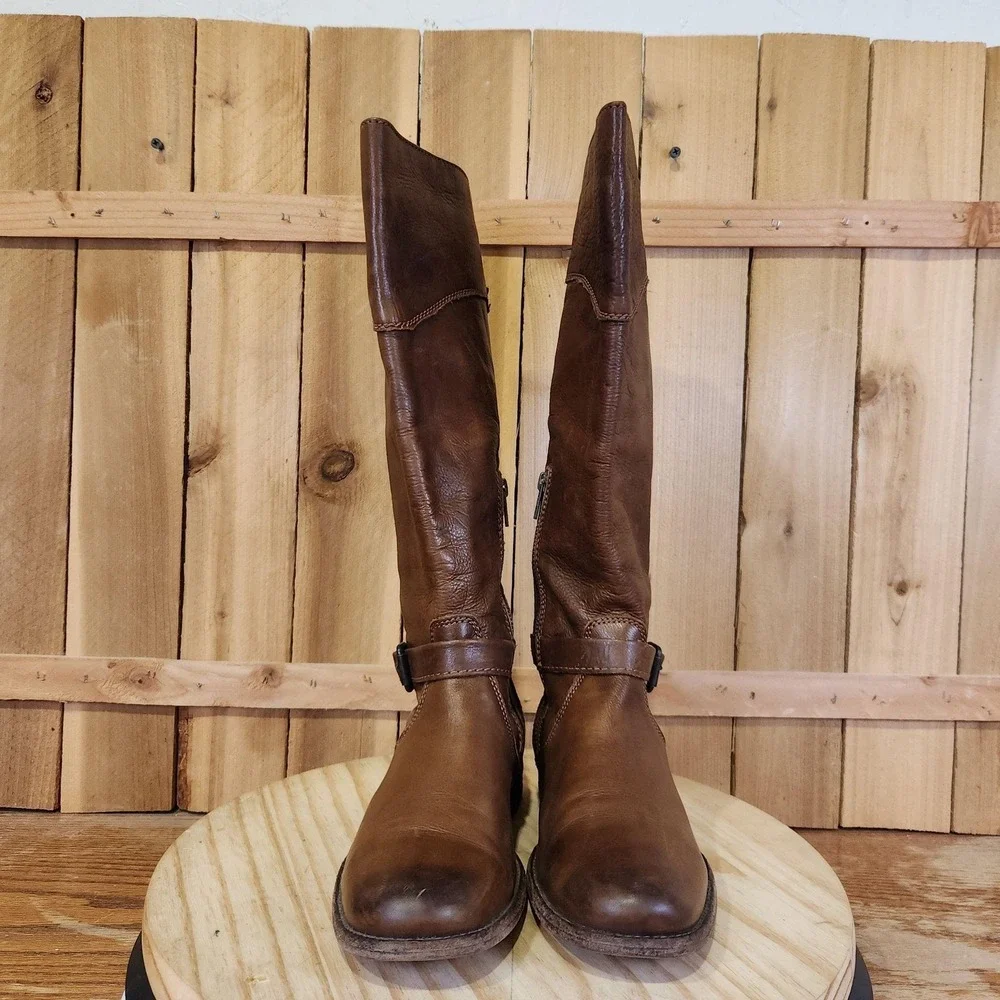 Frye Phillip Riding Boots Womens 8.5 B Brown Leather Knee High Side Zip Buckle